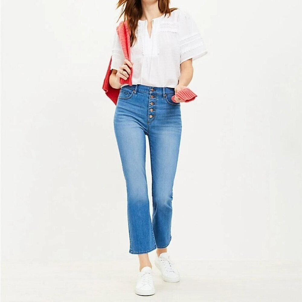 LOFT Kick Crop Button Fly Jeans Bright Mid Indigo Wash Flare High Rise Sz 26/2